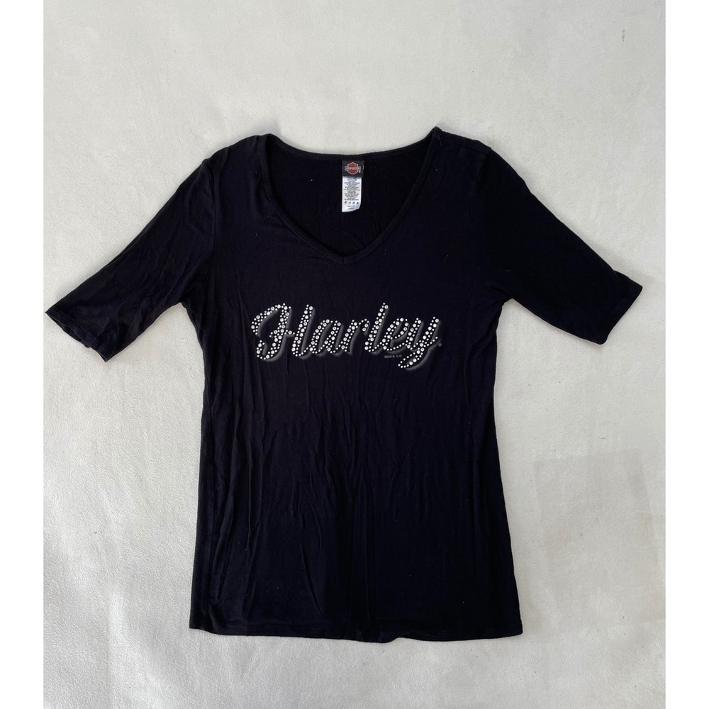 Harley-Davidson Women Black Rhinestone Graphic V-Neck 3/4 Sleeve Tee Large